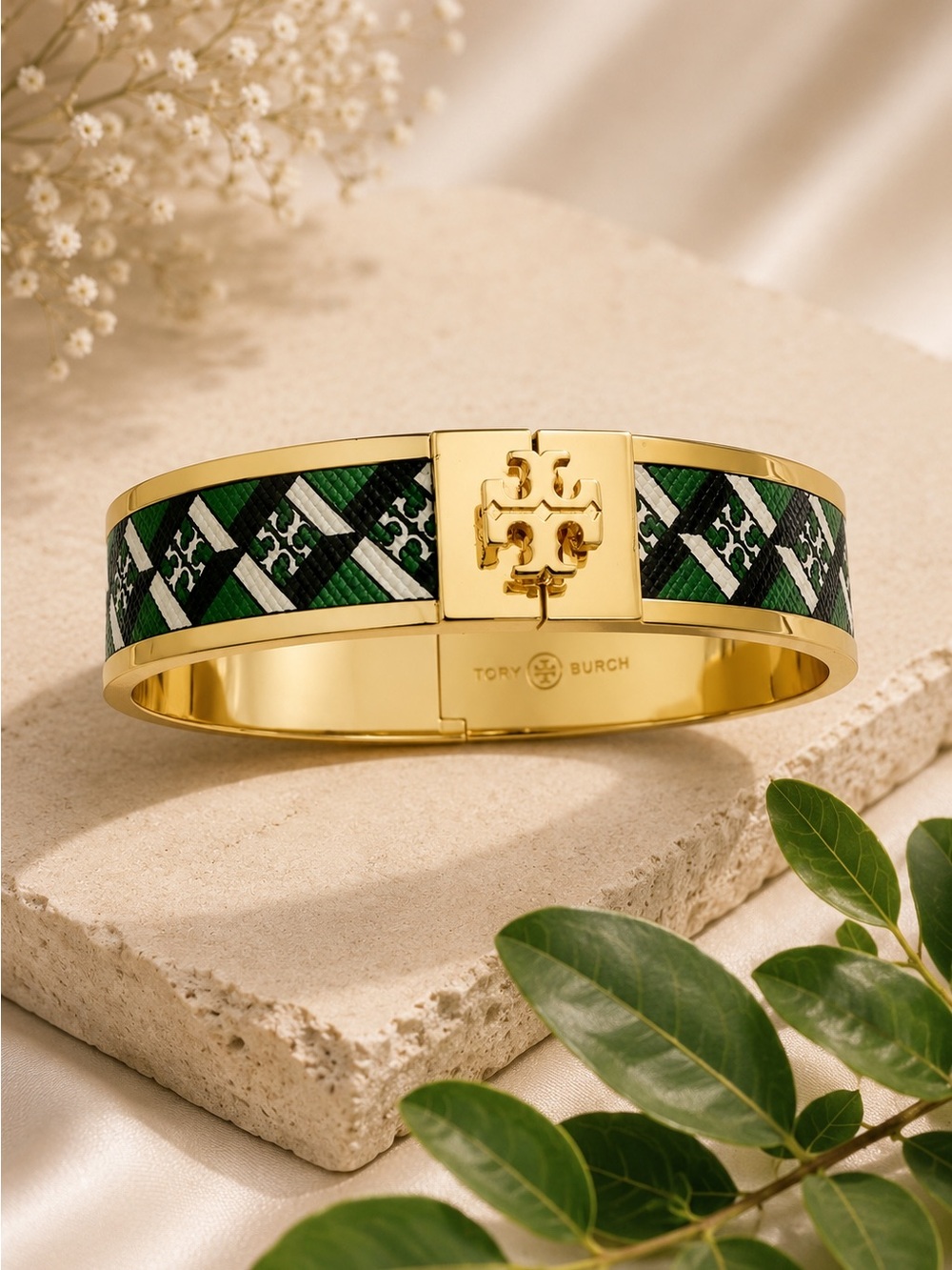 Tory Burch Leather Inlay Hinged Bangle Bracelet in Green